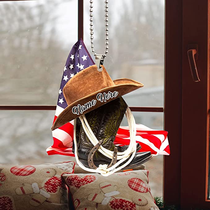 Personalized U.S Cowboy Hats And Boots Two-Sides Shaped Acrylic Ornament For Car, Car Hanging Ornaments OO0107