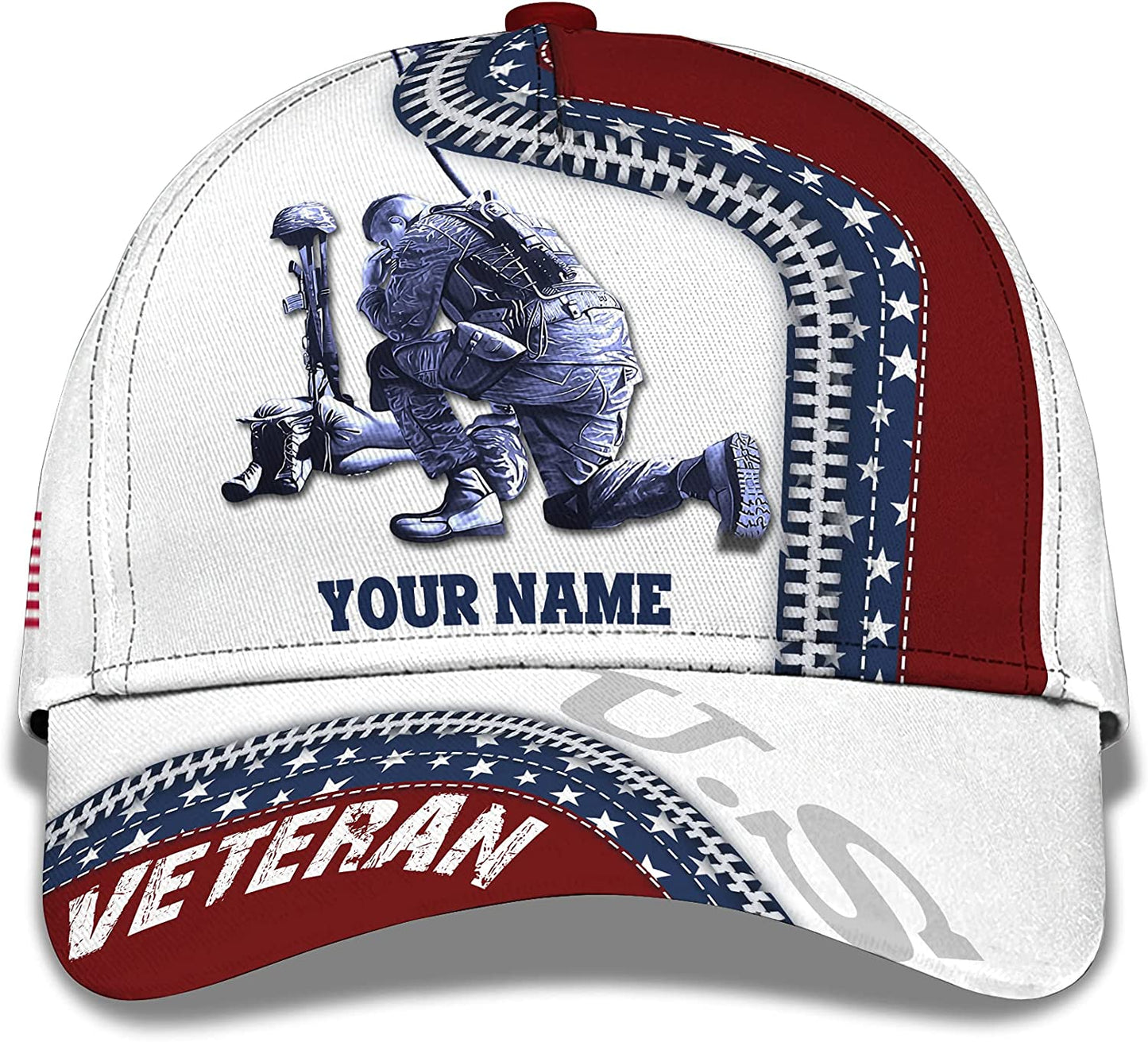 US Veteran Kneeling Soldier Personalized Cap 3D Patriotic Custom Name Hat, Gift For Veteran Day CA0260