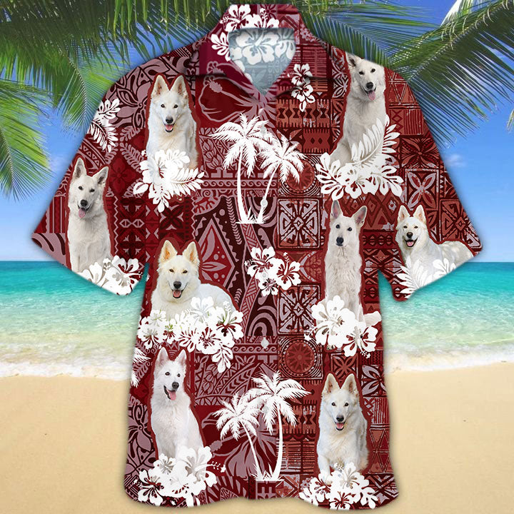 White German Shepherd Hawaiian Shirt, Cute Dog Hawaii Shirt Red Pattern SO0295