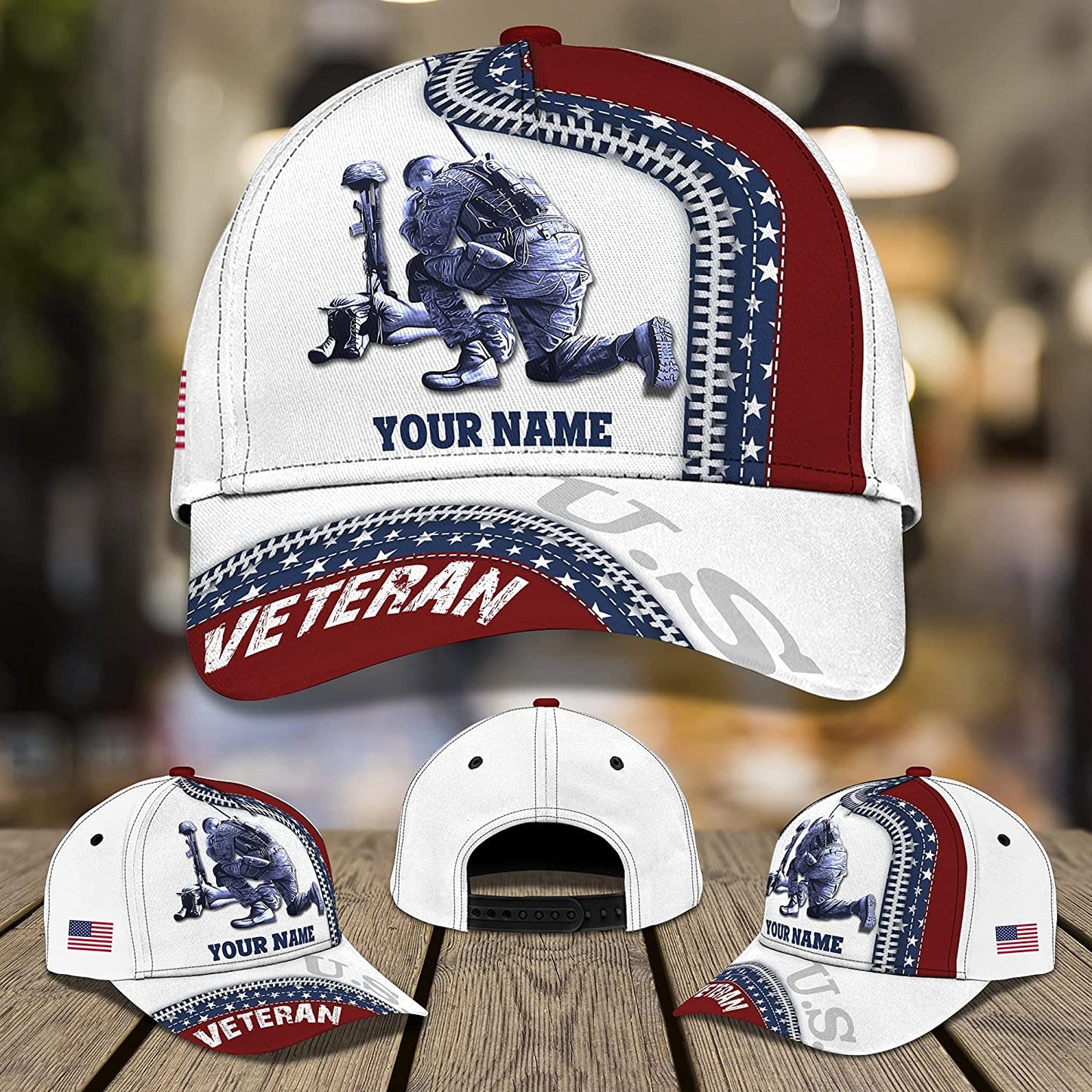 US Veteran Kneeling Soldier Personalized Cap 3D Patriotic Custom Name Hat, Gift For Veteran Day CA0260