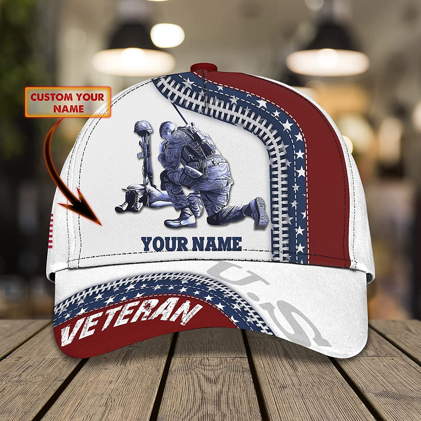 US Veteran Kneeling Soldier Personalized Cap 3D Patriotic Custom Name Hat, Gift For Veteran Day CA0260