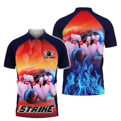 Personalized Bowling Strike On Fire 3D Polo Shirt, Custom Name Bowling Shirt For Men, Bowling Polo Shirt SO0814