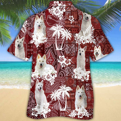 White German Shepherd Hawaiian Shirt, Cute Dog Hawaii Shirt Red Pattern SO0295