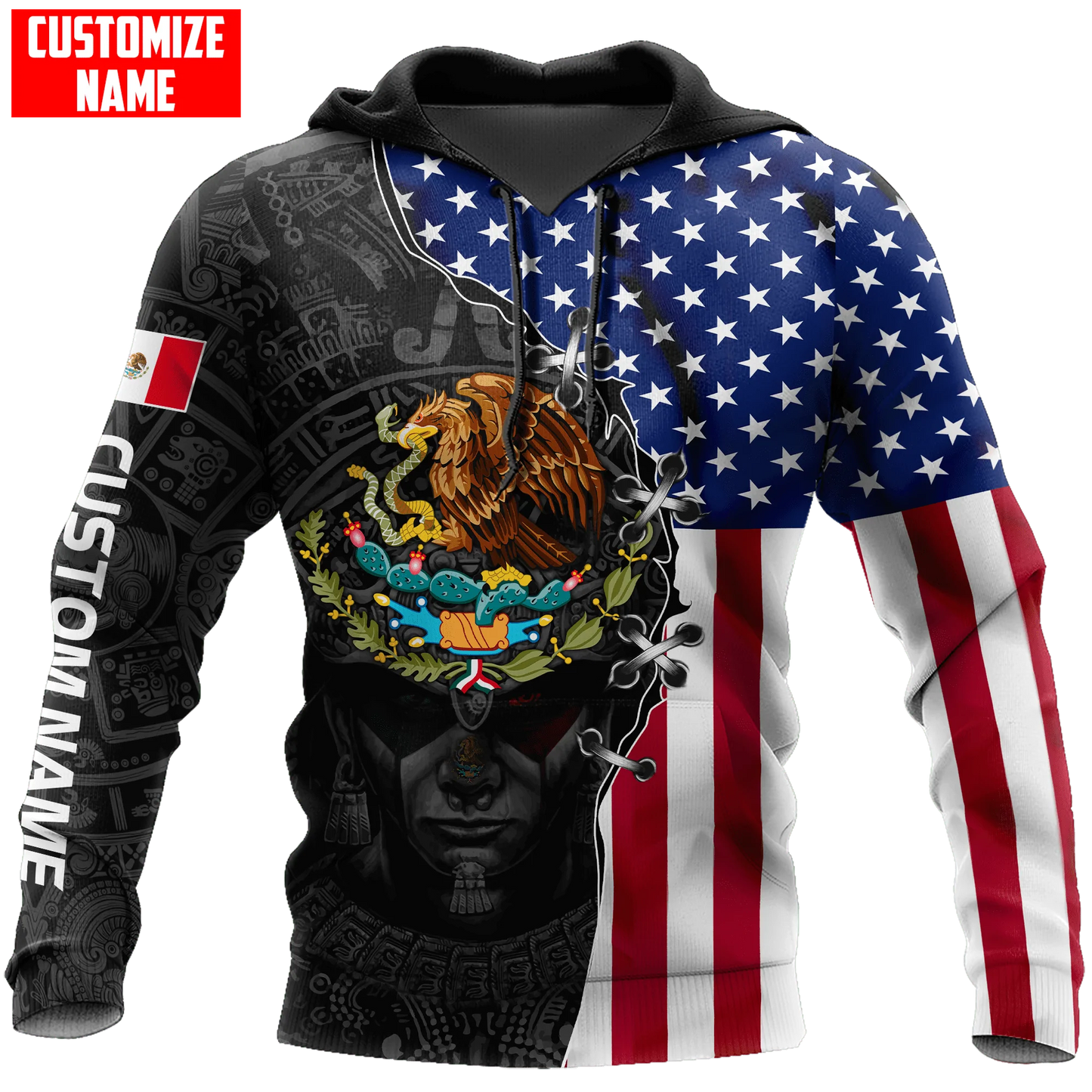 Customized Aztec Hoodie Mexico American Flag Pattern, Mexican American Hoodie SO0426