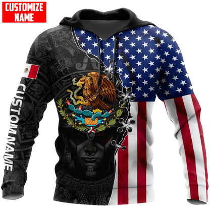 Customized Aztec Hoodie Mexico American Flag Pattern, Mexican American Hoodie SO0426