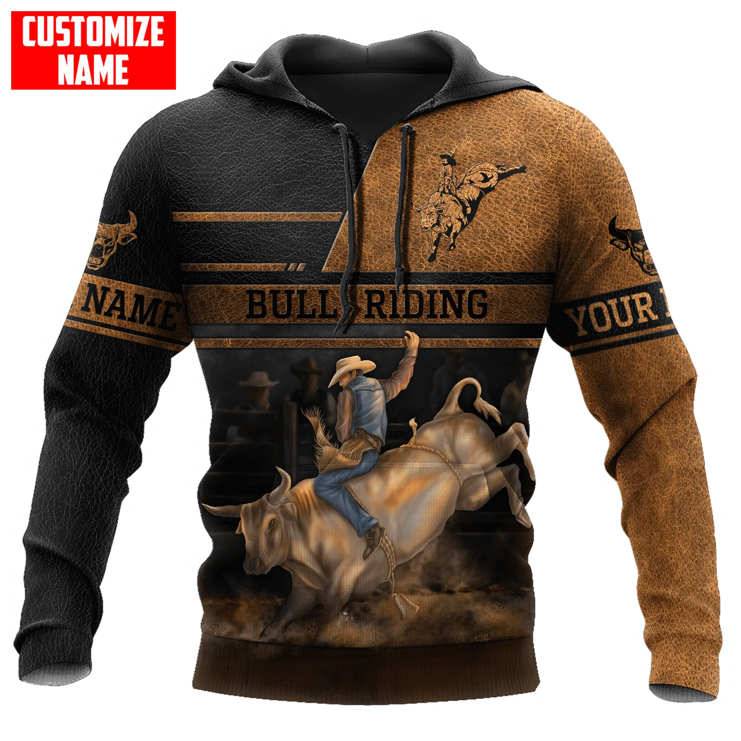 Personalized Bull Riding Brown Line Hoodie, 3D All Over Printed Leather Pattern Cowboy Hoodie SO0482