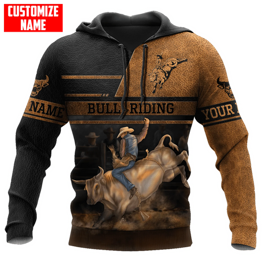 Personalized Bull Riding Brown Line Hoodie, 3D All Over Printed Leather Pattern Cowboy Hoodie SO0482