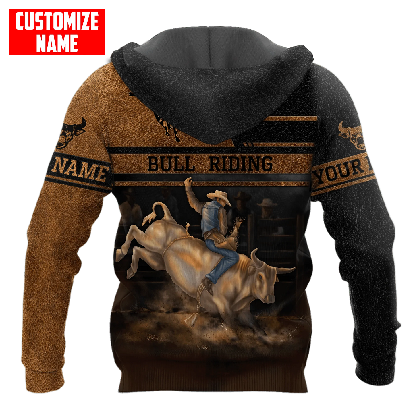 Personalized Bull Riding Brown Line Hoodie, 3D All Over Printed Leather Pattern Cowboy Hoodie SO0482