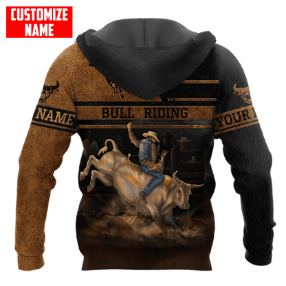 Personalized Bull Riding Brown Line Hoodie, 3D All Over Printed Leather Pattern Cowboy Hoodie SO0482