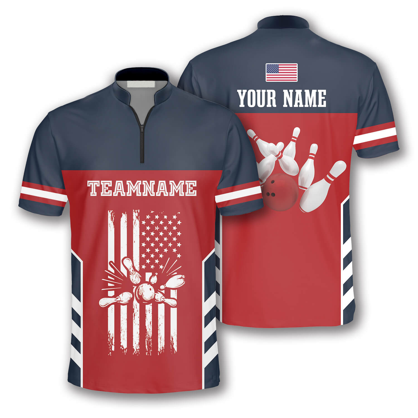 American Flag Red Navy Custom Bowling Jerseys for Men, Personalized Bowling Jersey Shirt, Flag Shirt SO0882