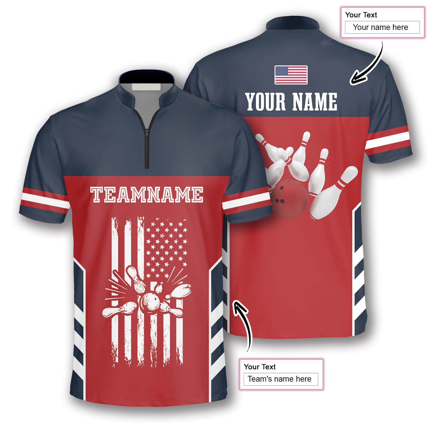 American Flag Red Navy Custom Bowling Jerseys for Men, Personalized Bowling Jersey Shirt, Flag Shirt SO0882