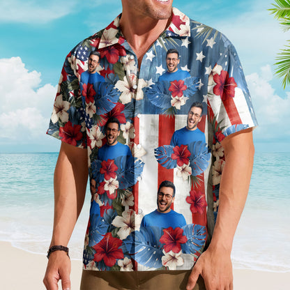 American Flag Tropical Independence Day Vintage Aloha - Custom Photo Hawaiian Shirts HA0052