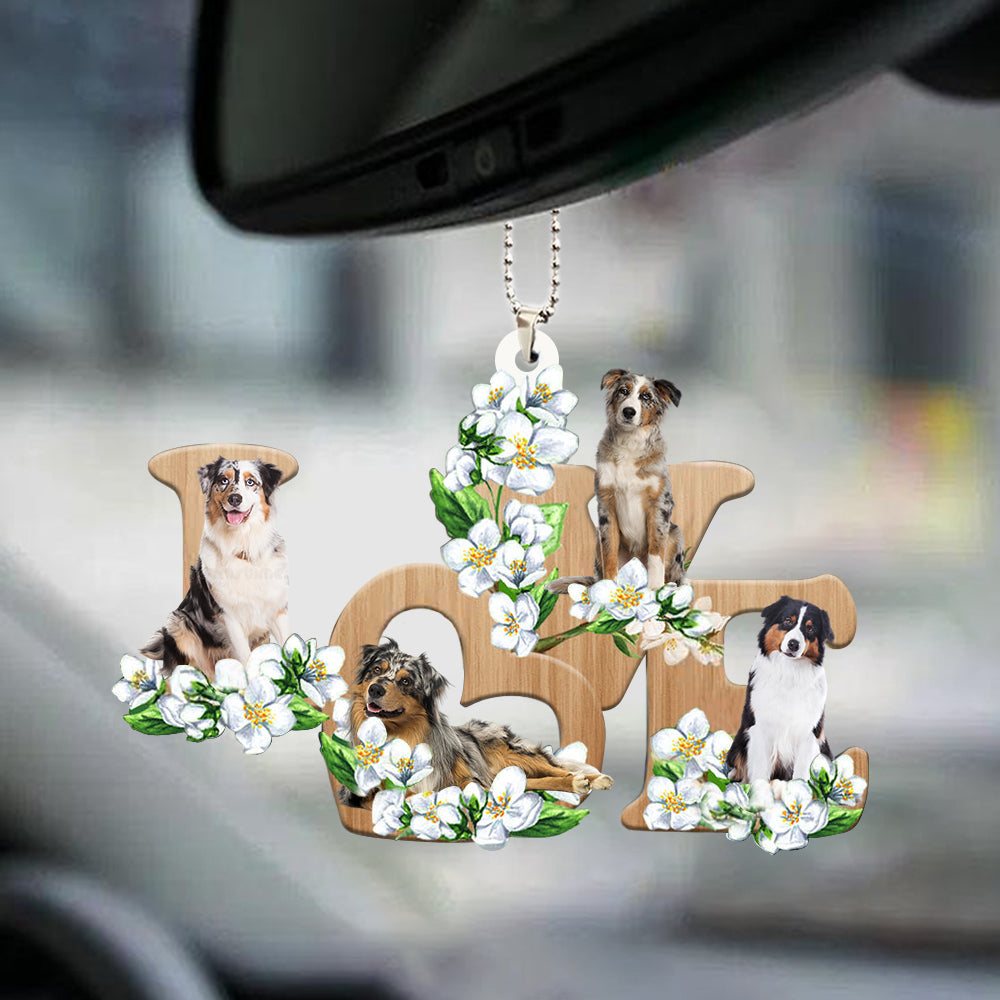 Australian Shepherd Love Flowers Dog Lover Car Hanging Ornament Acrylic Two Side OO0909