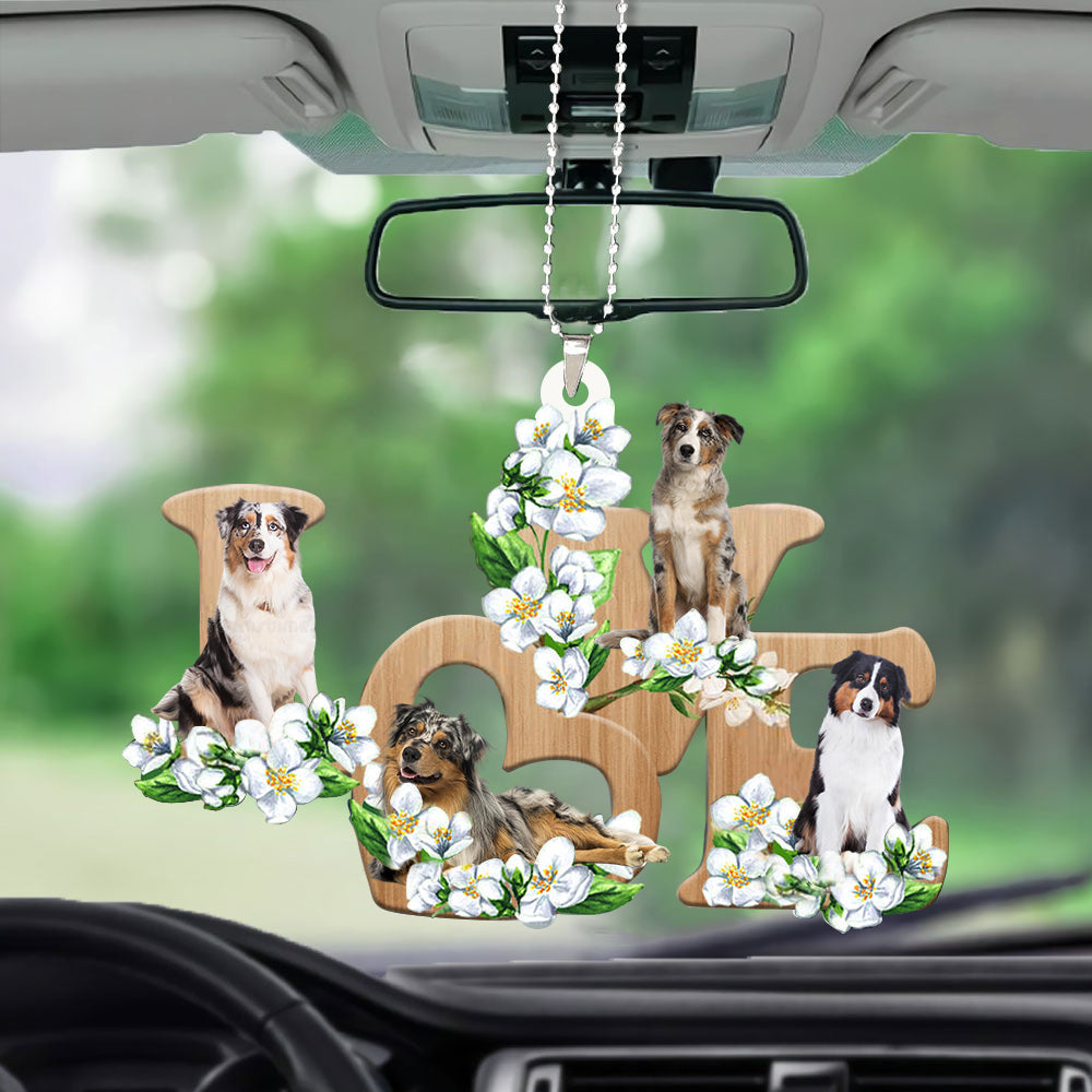 Australian Shepherd Love Flowers Dog Lover Car Hanging Ornament Acrylic Two Side OO0909