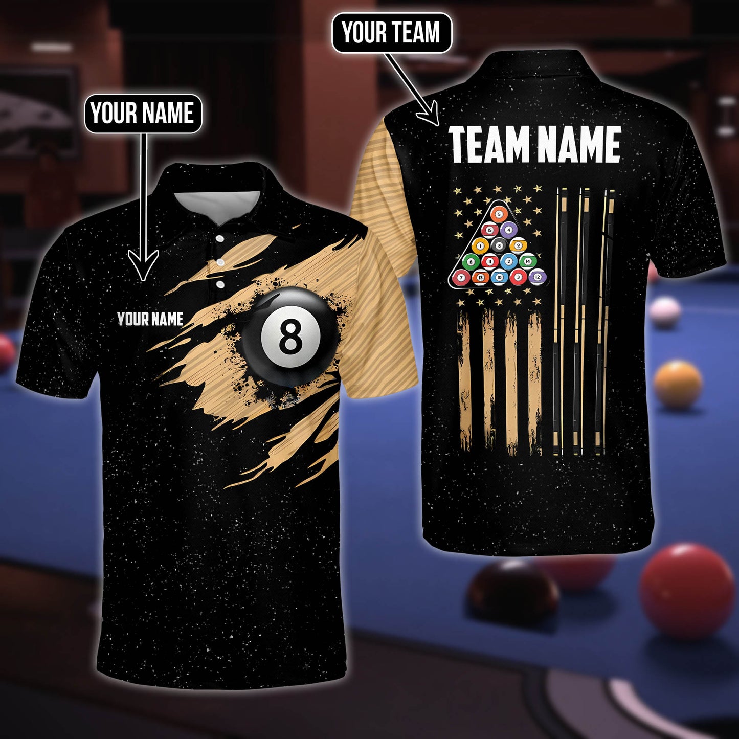 Lasfour Billiards USA Flag Golden Personalized Shirt BIA0070