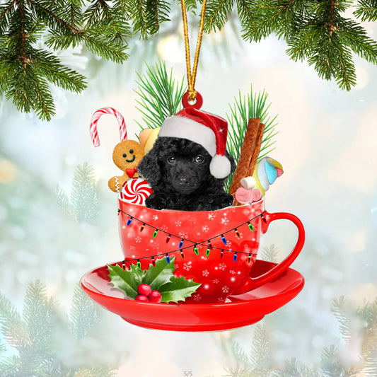 BLACK Toy Poodle In Cup Merry Christmas Ornament Flat Acrylic Dog Ornament SO1211