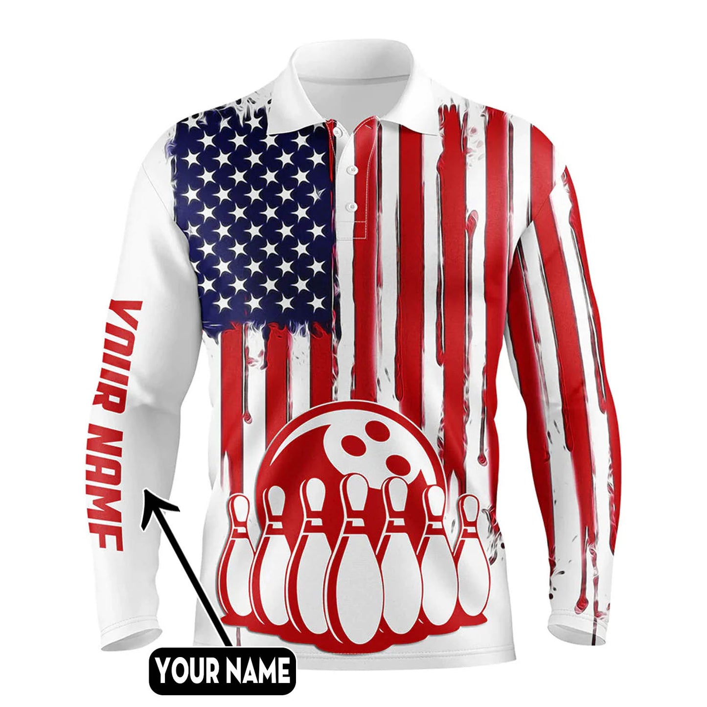 Custom American Flag Bowling Polo Long Shirts BO0294
