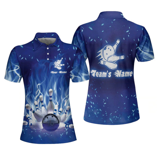 Personalized Blue Fire Unique Blue Bowling Women Polo Shirt, Idea Gift for Bowler SO1036