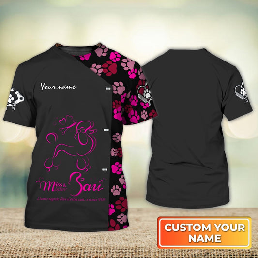 Custom 3D Miss And Mister Sau Pink Bow Poodle Dog Groomer T Shirt Pet Groomer Uniform Salon Shirts TO1913