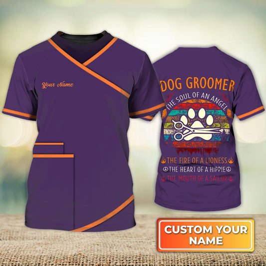 Personalized Dog Groomer 3D Shirt The Sould Of An Angle Groomer Dog Groomer Pet Uniform Purple Shirts TO1597