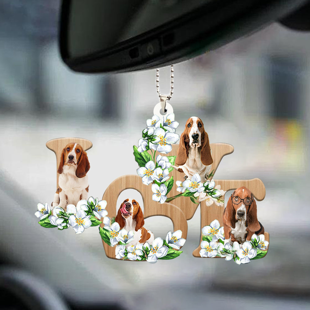 Basset Hound Love Flowers Dog Lover Car Hanging Ornament Vehicle Mirror Decor OO0882