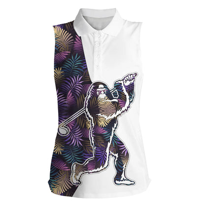 Bigfoot women sleeveless golf polo shirt, colorful tropical leaves pattern sasquatch playing golf SO1006