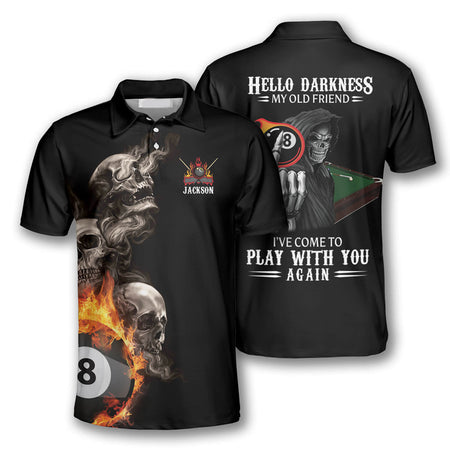 Billiards Hello Darkness My Old Friend Custom Billiard skull Shirts for Men, Custom Billiard 8 ball for Team, Billiard Polo Shirts SO0806