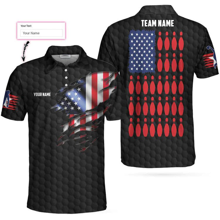 Black American Flag Bowling Custom Polo Shirt, Personalized American Flag Bowling Shirt For Bowling Fans Lasfour SO0557