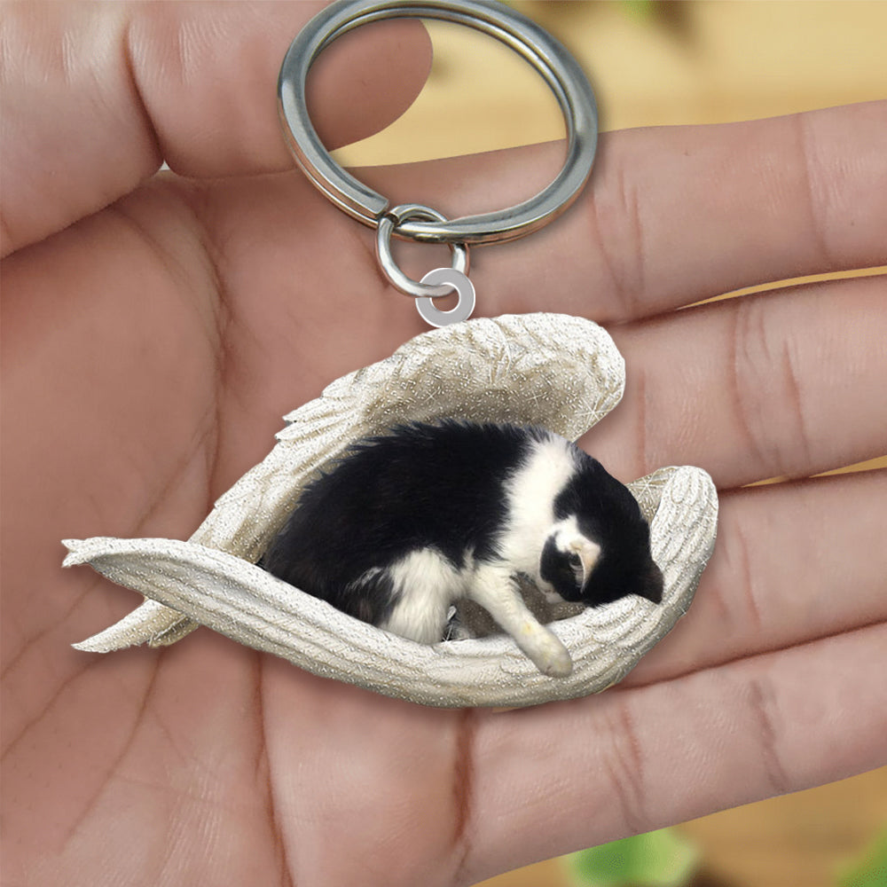 Black And White Cat Sleeping Angel Acrylic Keychain Cat Sleeping keychain SO0083