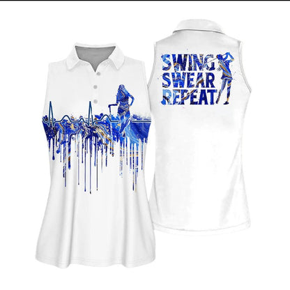 Blue Marble Swing Swear Repeat Sleeveless Polo Shirt, Women Golf Shirt SO1334