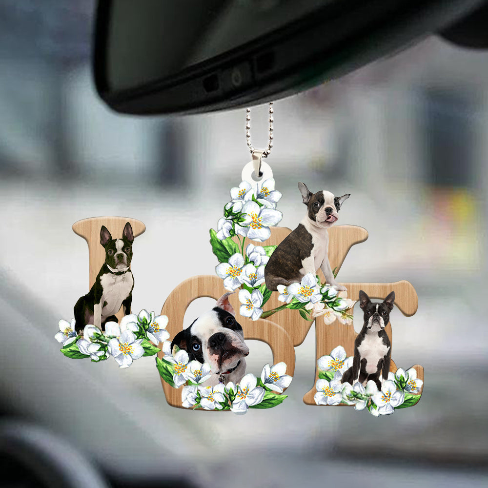 Boston Terrier Love Flowers Dog Lover Car Hanging Ornament Car Decor OO0881