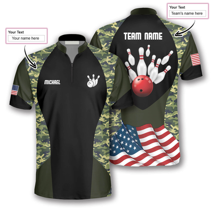 Strike Camouflage Waving Flag Custom Bowling Jerseys for Men, Personalized Name Bowling Shirt SO0751