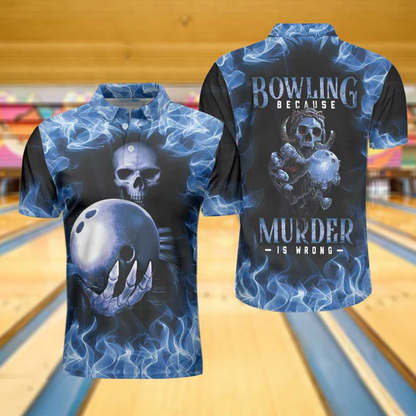 Bowling Murder Polo Shirt, Blue Flame Pattern Bowling Polo Shirt, Scary Skull Shirt Design For Halloween Lasfour SO1061