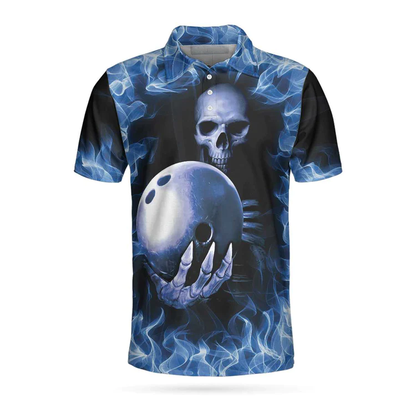 Bowling Murder Polo Shirt, Blue Flame Pattern Bowling Polo Shirt, Scary Skull Shirt Design For Halloween Lasfour SO1061