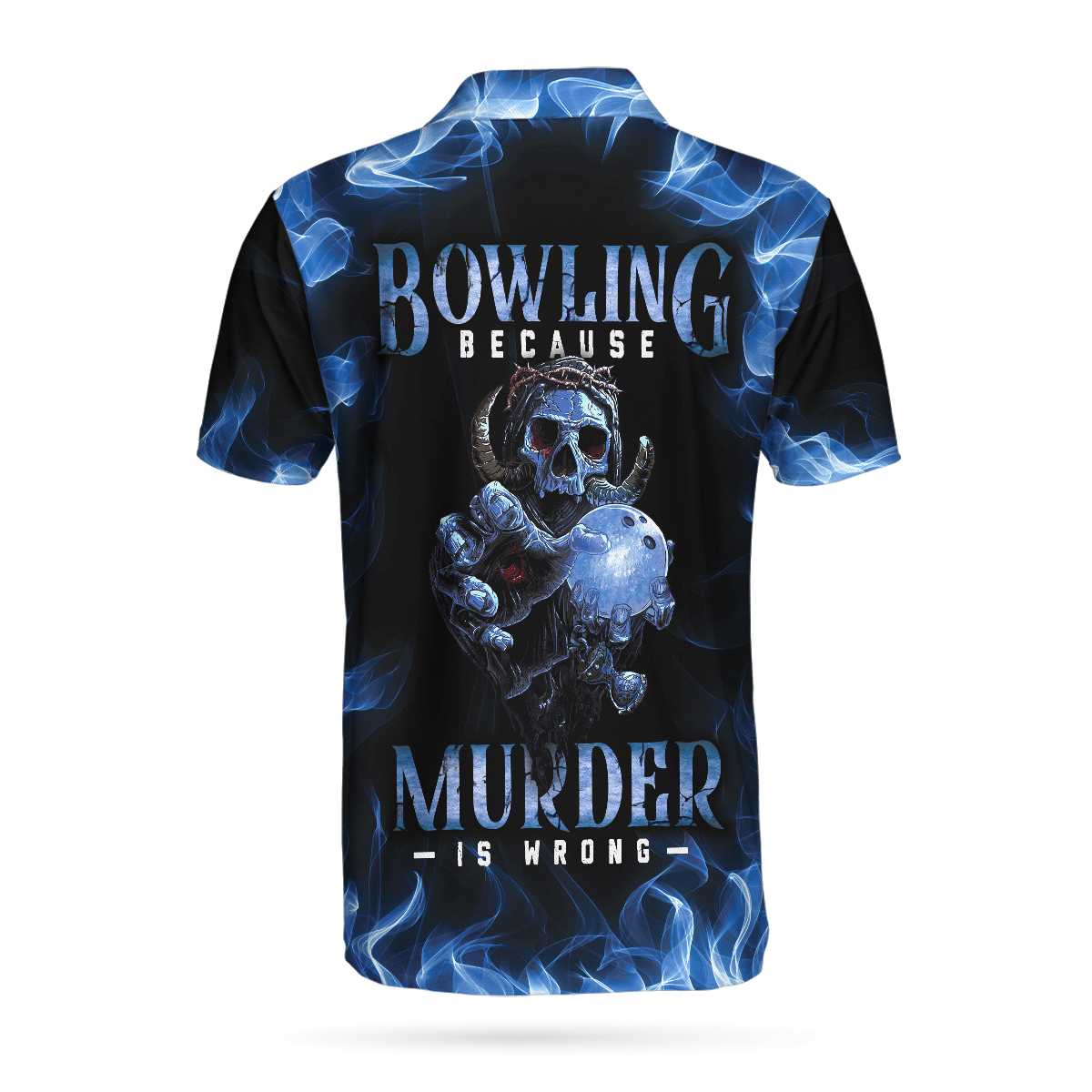 Bowling Murder Polo Shirt, Blue Flame Pattern Bowling Polo Shirt, Scary Skull Shirt Design For Halloween Lasfour SO1061