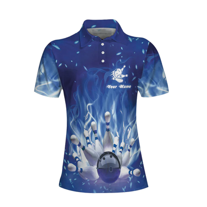 Bowling On Blue Fire Custom Short Sleeve Women Polo Shirt, Personalized Blue Flame Polo Shirt For Female Bowlers Lasfour SO0542