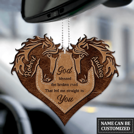 Personalized Couple Car Hanging Ornament Brown Horse Couple Heart God Blessed Ornament Gift For Couple OO0987