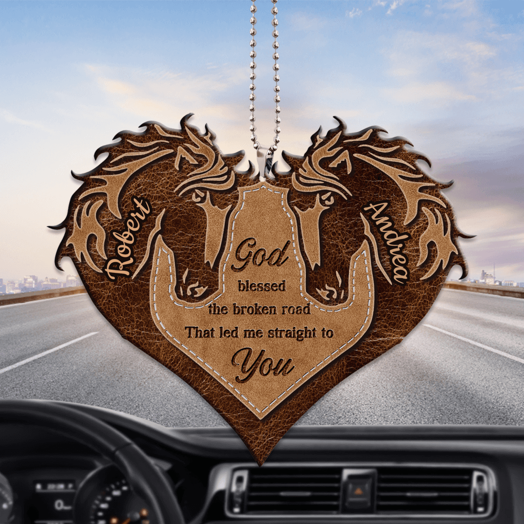 Personalized Couple Car Hanging Ornament Brown Horse Couple Heart God Blessed Ornament Gift For Couple OO0987