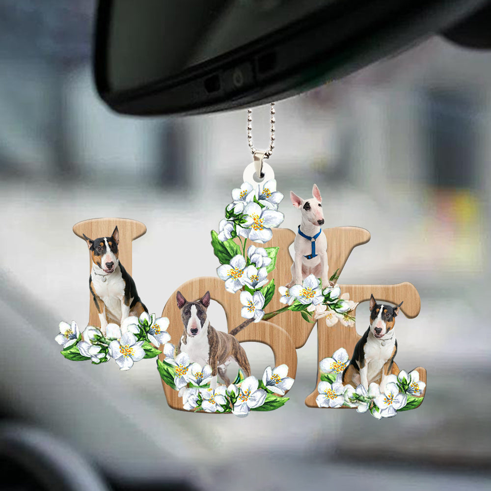 Cute Bull Terrier Love Flowers Dog Lover Car Hanging Ornament OO0904