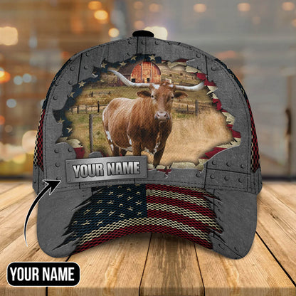 Texas Longhorn Customized Name Us Flag Net 3D Cap 3D All Over Print Baseball Cap, Cap For Farm Lovers, Animal Cap, Leather Pattern Cap CA3117