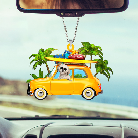 Cream Shih Tzu Car Hanging Ornaments, Yellow Sports Car Ornament For Dog Lovers OO0569