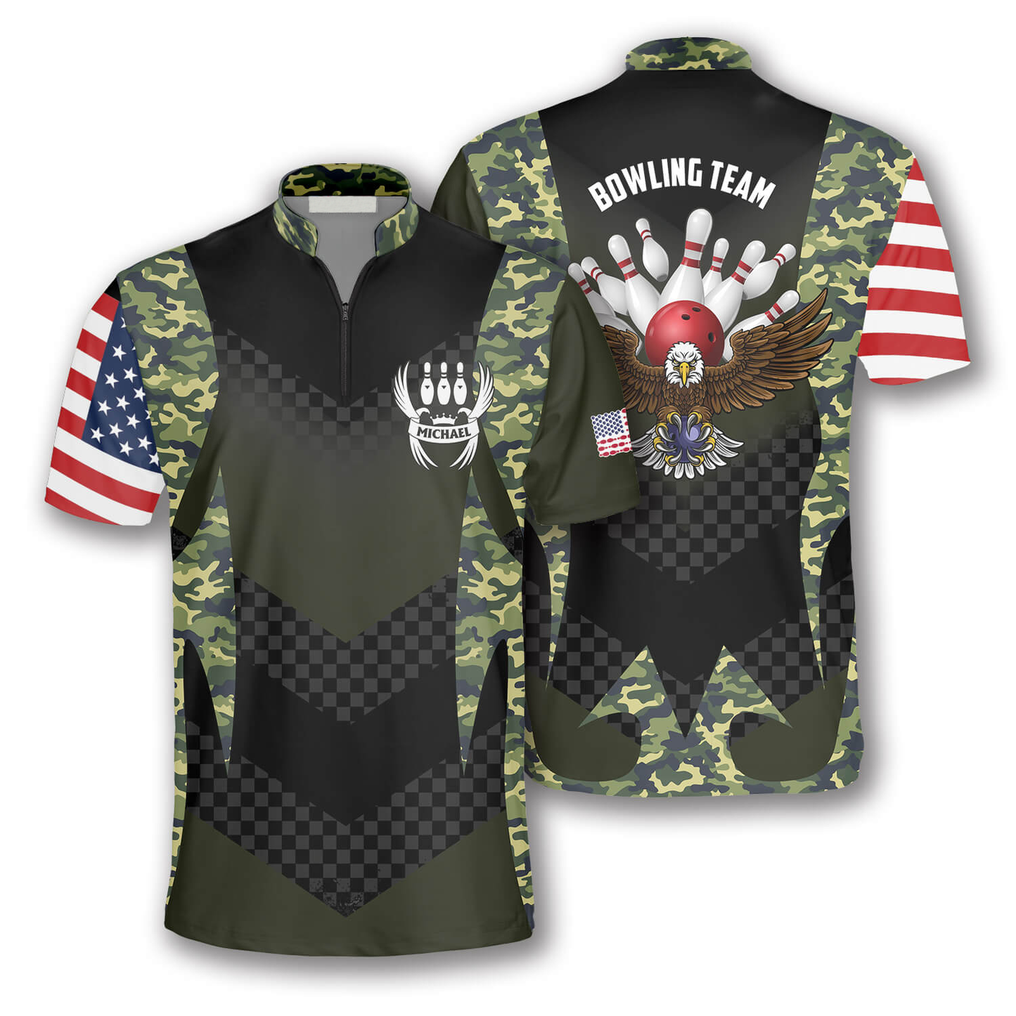 Camouflage Eagle Flag Custom Bowling Jerseys for Men, 3D All Over Print Bowling Shirt, Eagle Flag Shirt SO0535