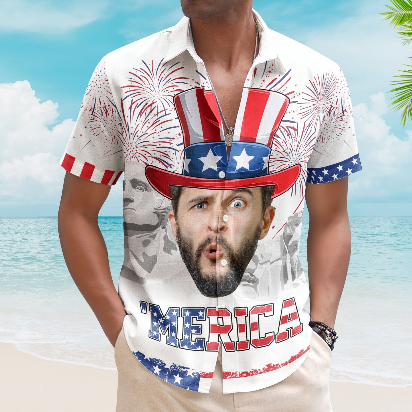 Celebrate The 4Th Of July With Merica Pattern - Personalized Photo Hawaiian Shirt HA0061