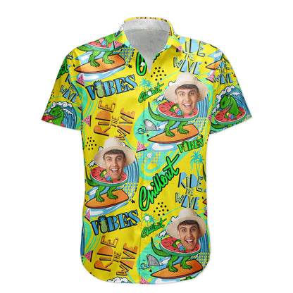 Cool Dinosaur On A Surfboard Ride The Wave - Personalized Photo Hawaiian Shirt HA0076