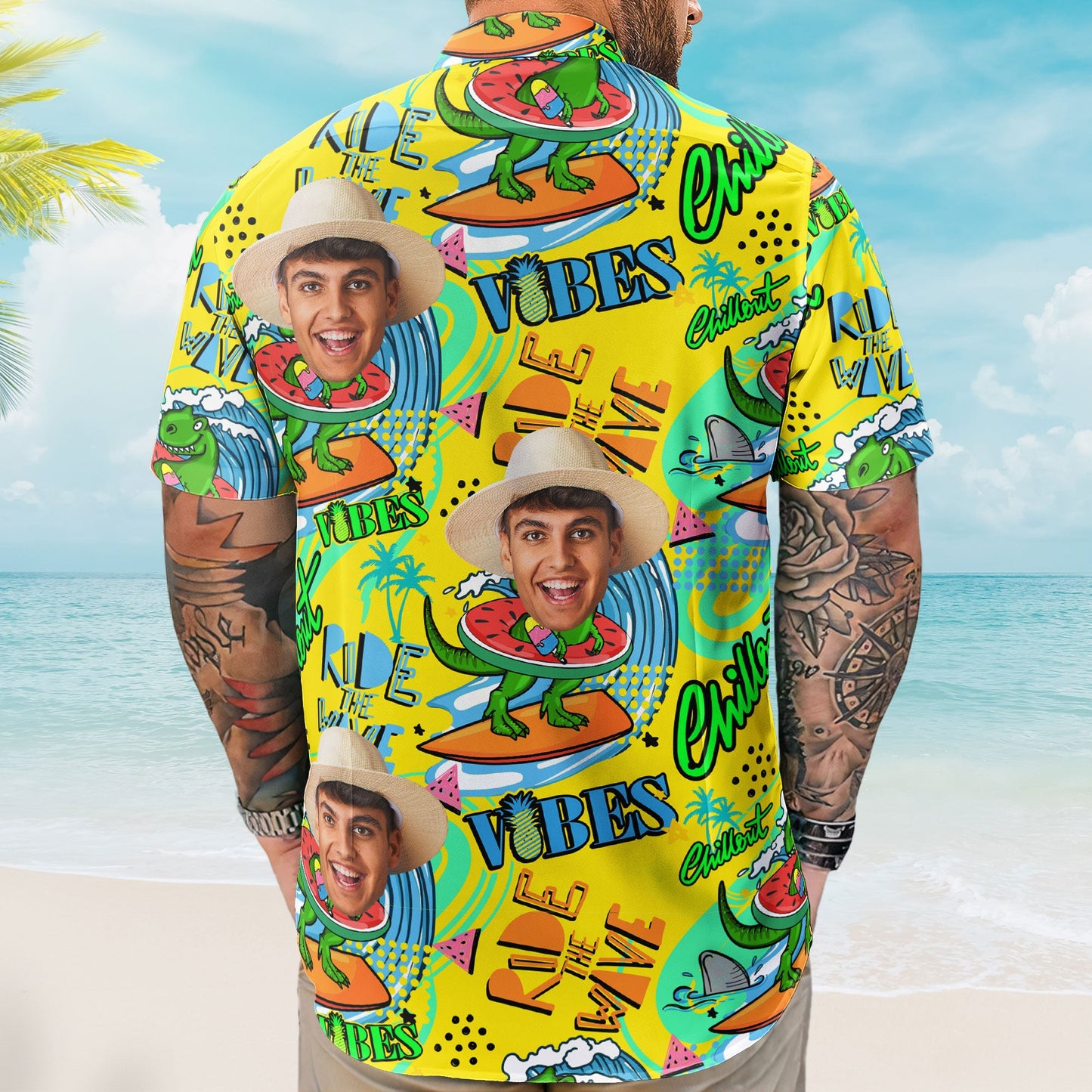 Cool Dinosaur On A Surfboard Ride The Wave - Personalized Photo Hawaiian Shirt HA0076