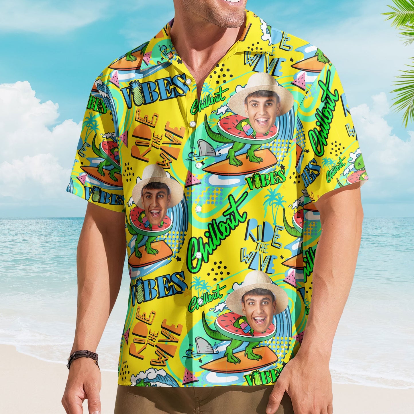 Cool Dinosaur On A Surfboard Ride The Wave - Personalized Photo Hawaiian Shirt HA0076