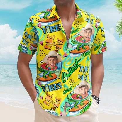 Cool Dinosaur On A Surfboard Ride The Wave - Personalized Photo Hawaiian Shirt HA0076