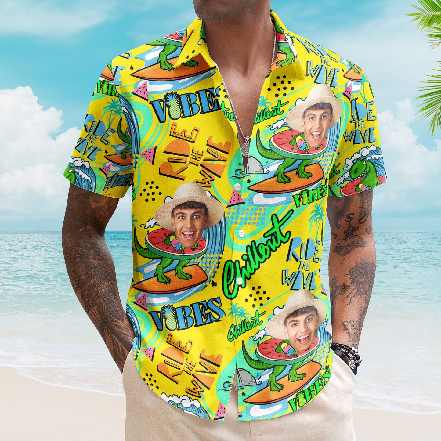 Cool Dinosaur On A Surfboard Ride The Wave - Personalized Photo Hawaiian Shirt HA0076