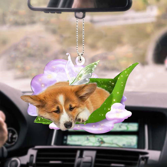 Cute Corgi Sleeping Car Ornament, Dog Sleep On Fallen Leaves Acrylic Ornament, Gift For Dog Lovers OO0547