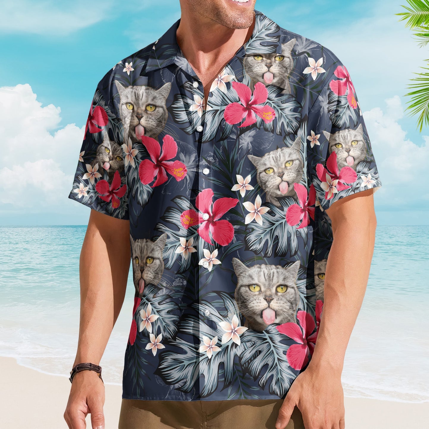 Custom Face Funny Photo For Men, Husband Red Hibiscus - Custom Photo Hawaiian Shirt HA0029